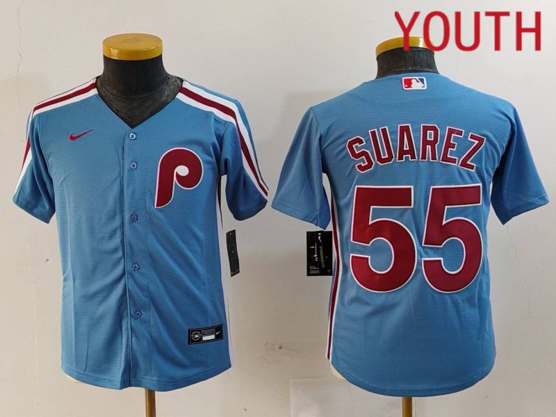 Youth Philadelphia Phillies #55 Suarez Blue Throwback 2024 Nike MLB Jersey style 1